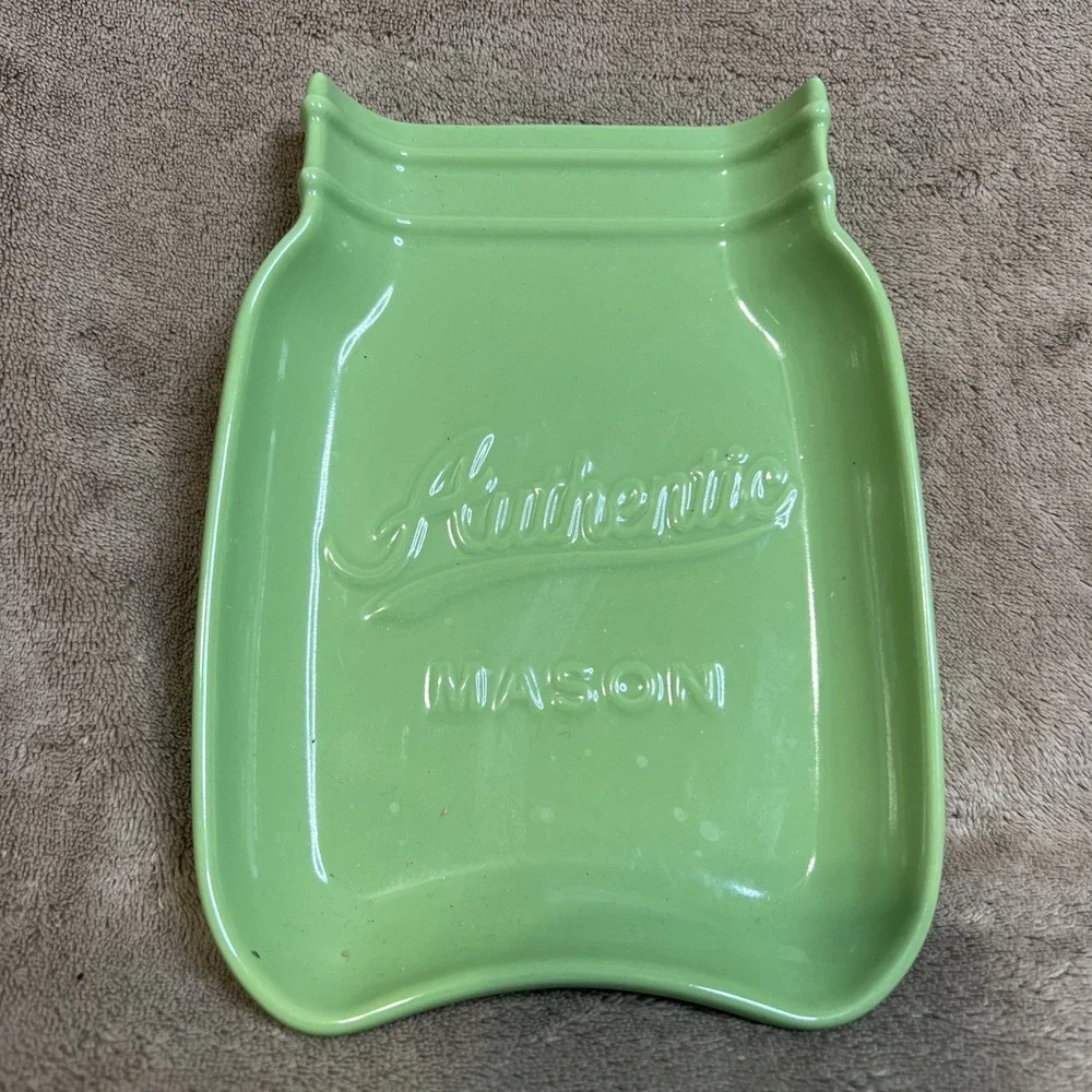 HOME ESSENTIALS LARGE CERAMIC MASON JAR SHAPED SPOON‎ REST GREEN